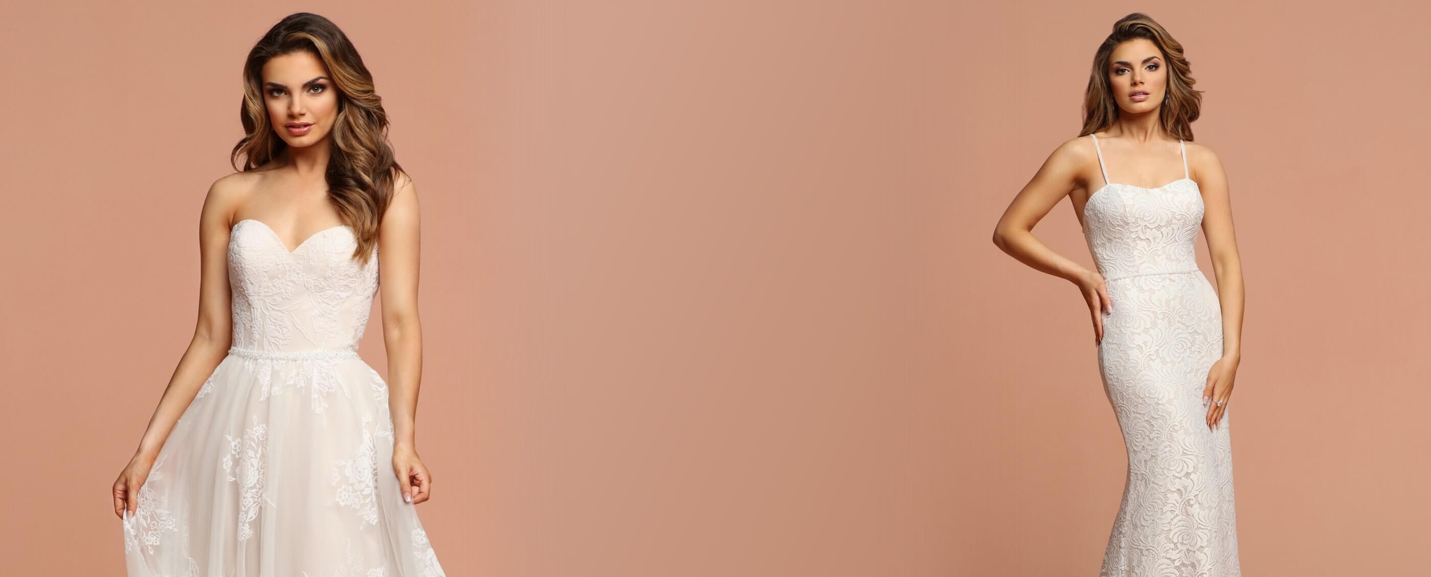 Photos of model wearing romantic style bridal gowns