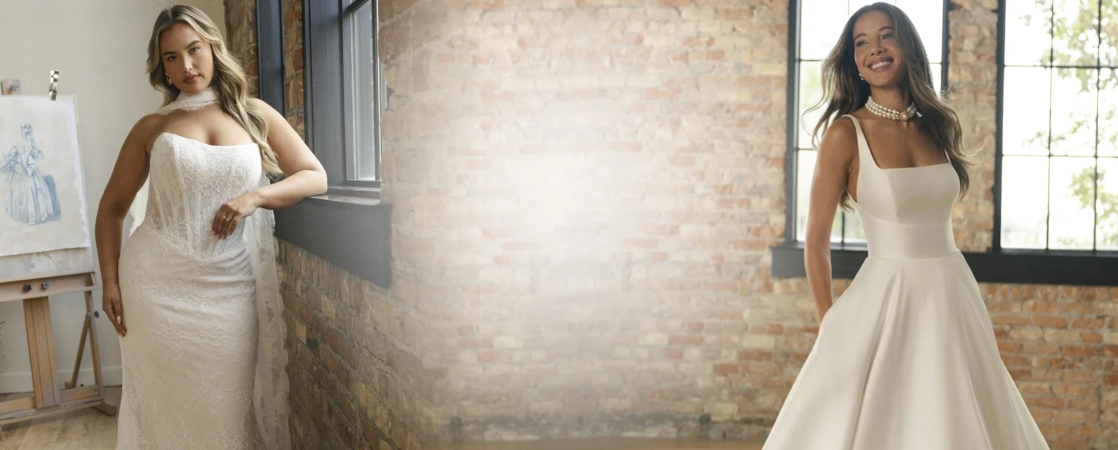 Photos of model wearing romantic style bridal gowns