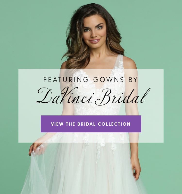 Model wearing a 3d flower DaVinci wedding dress shown on mobile