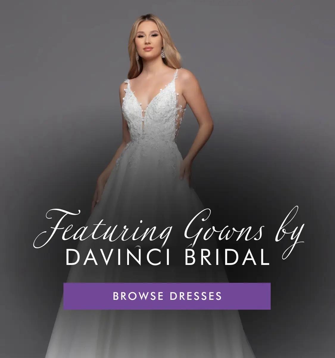 Mobile banner featuring Davinci Bridal dresses
