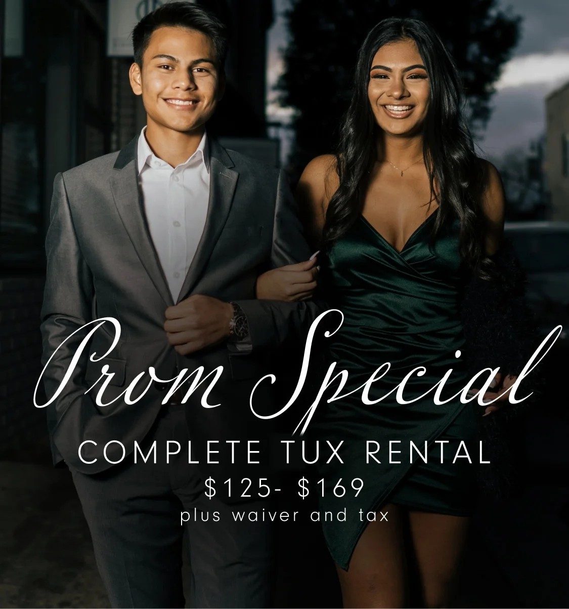 2 models wearing a tuxedo and prom dress Mobile